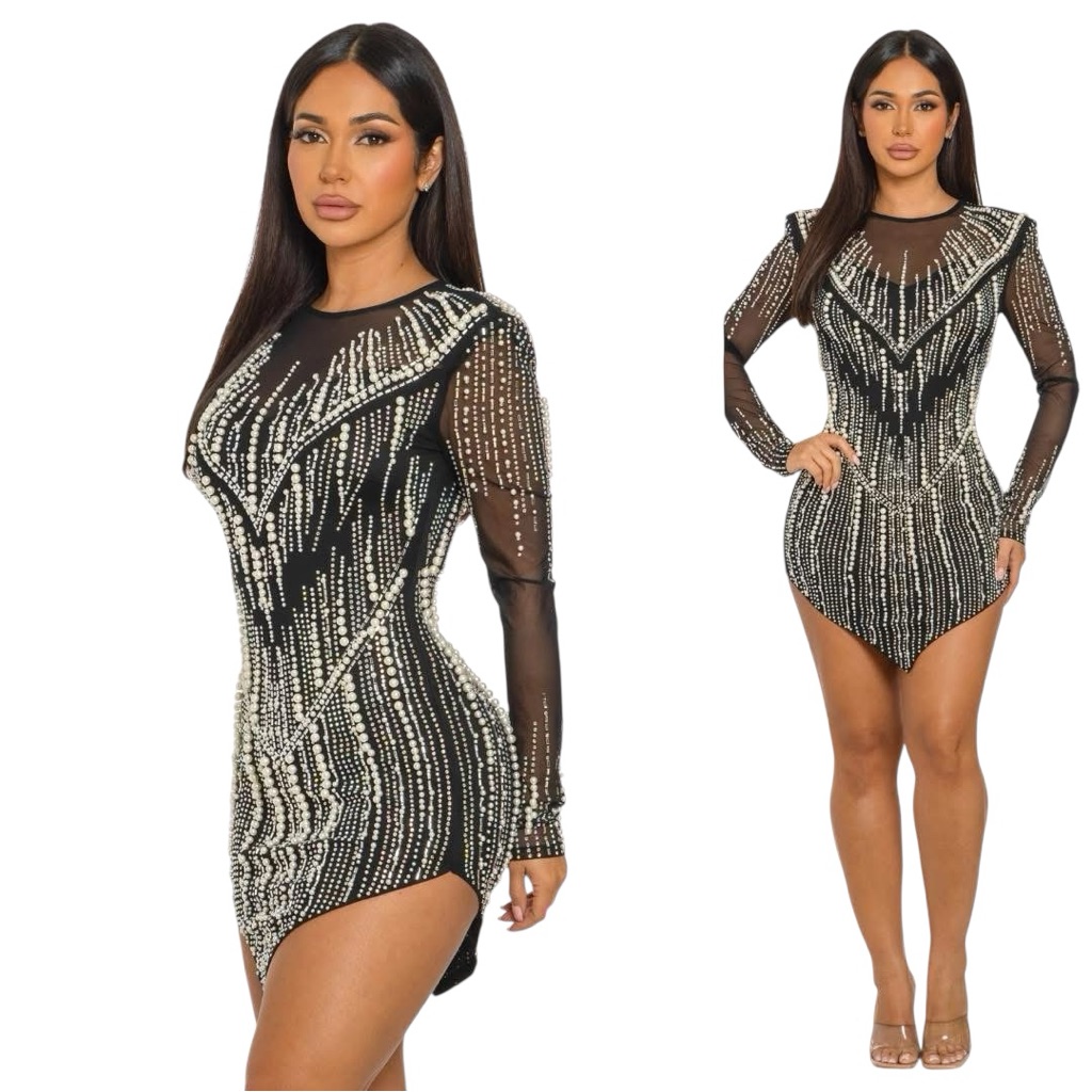 Valiant Paris Beaded Rhinestone Embellished Mesh Black Long Sleeve Dress Large